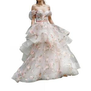 NEW WATTERS rosabel layered skirt floral print wedding gown in blush